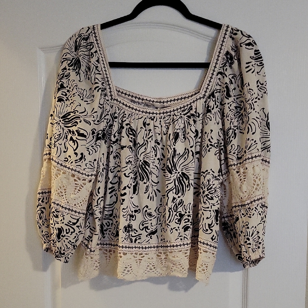 Christian Siriano Linen Blend Boho Blouse Square Neck Size L